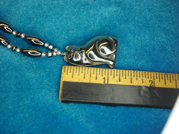 Handmade Hematite Cat Pendant Necklace - Black Stainless Steel Chain (17