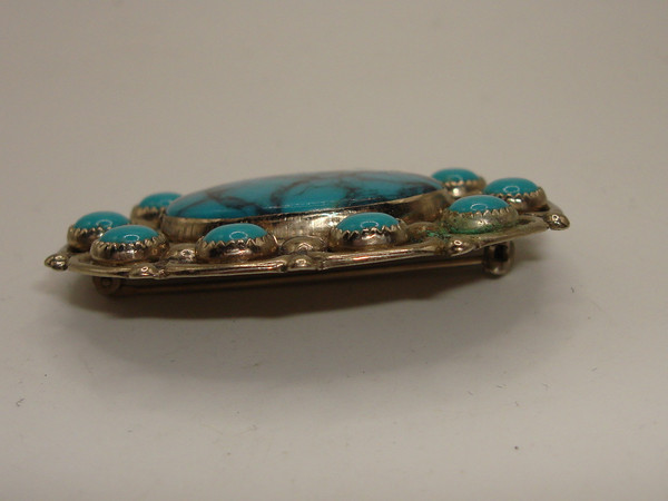 Vintage Bell Trading Turquoise Nickel Silver Pin & Brooch - Stunning Oval Design