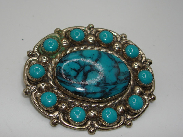 Vintage Bell Trading Turquoise Nickel Silver Pin & Brooch - Stunning Oval Design