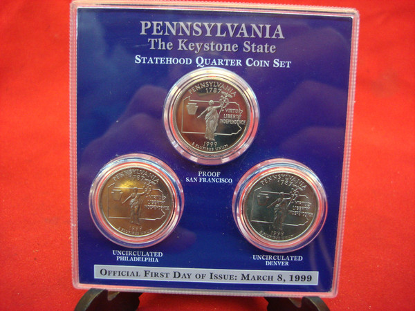 1999 Delaware & Pennsylvania State Quarters Proof Set (P, D, S) - Encapsulated Coins