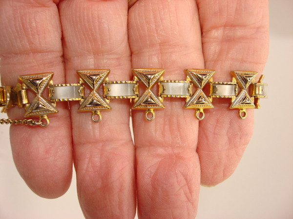 Vintage Spain Damascus Mother of Pearl Bracelet | Gold Tone, 6 3/4