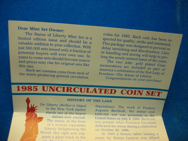 1985 Statue of Liberty Centennial Coin Set - Uncirculated 5-Coin Set with 2 Gold-Plated Coins