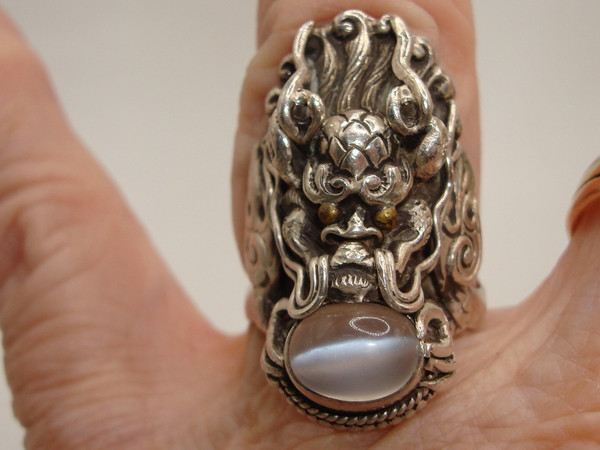Sterling Silver Naga Dragon Ring with Moonstone - Size 6
