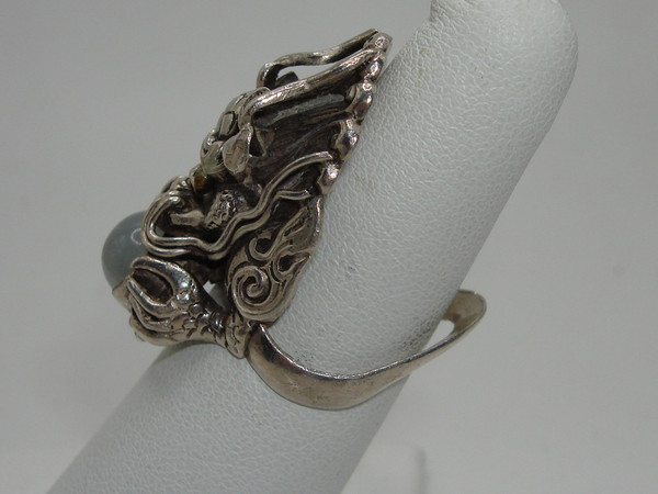 Sterling Silver Naga Dragon Ring with Moonstone - Size 6