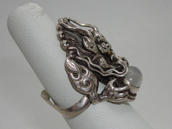 Sterling Silver Naga Dragon Ring with Moonstone - Size 6