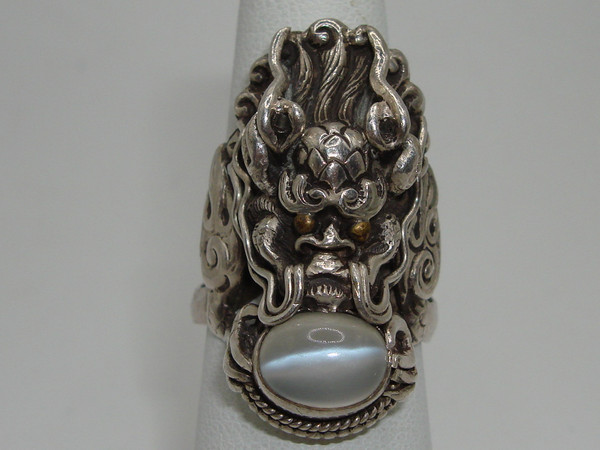 Sterling Silver Naga Dragon Ring with Moonstone - Size 6