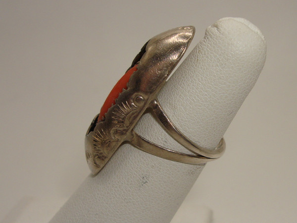 Vintage Navajo Sterling Silver Shadow Box Coral Ring, Size 4.5