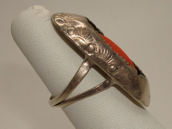 Vintage Navajo Sterling Silver Shadow Box Coral Ring, Size 4.5