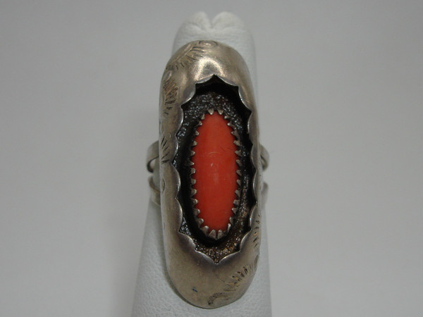 Vintage Navajo Sterling Silver Shadow Box Coral Ring, Size 4.5