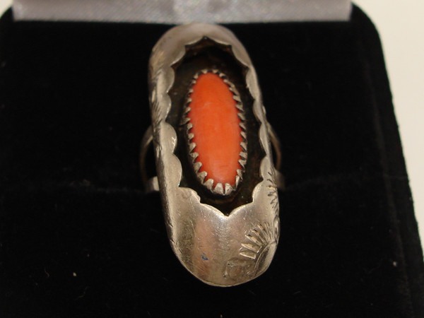 Vintage Navajo Sterling Silver Shadow Box Coral Ring, Size 4.5