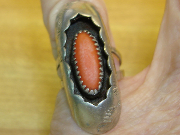 Vintage Navajo Sterling Silver Shadow Box Coral Ring, Size 4.5