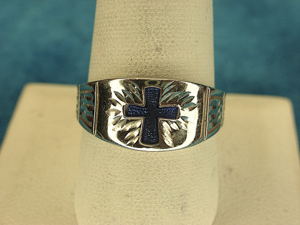 Sterling Silver Jerusalem Cross Ring - Men's Size 10 1/4, Purple Enamel, Pre-Owned Excellent Condition