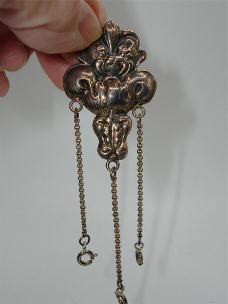 Vintage Sterling Silver Chatelaine Brooch with Fleur-de-lis, 925 Hallmark - Statement Piece