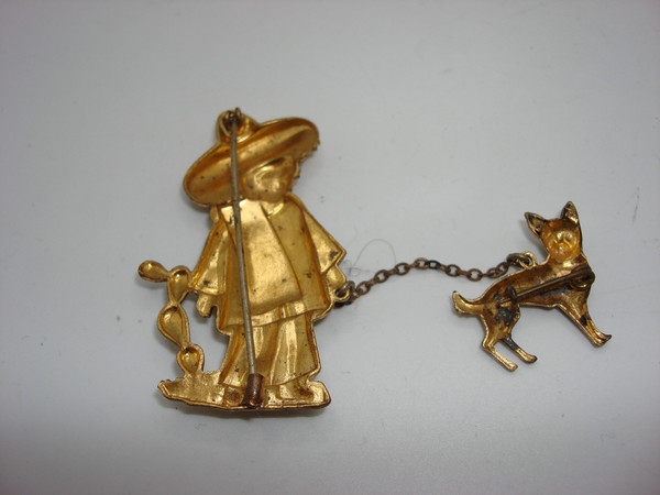 Vintage Mexican Man & Chihuahua Gold-Washed Pin (1940s)