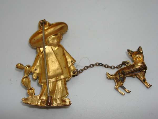 Vintage Mexican Man & Chihuahua Gold-Washed Pin (1940s)