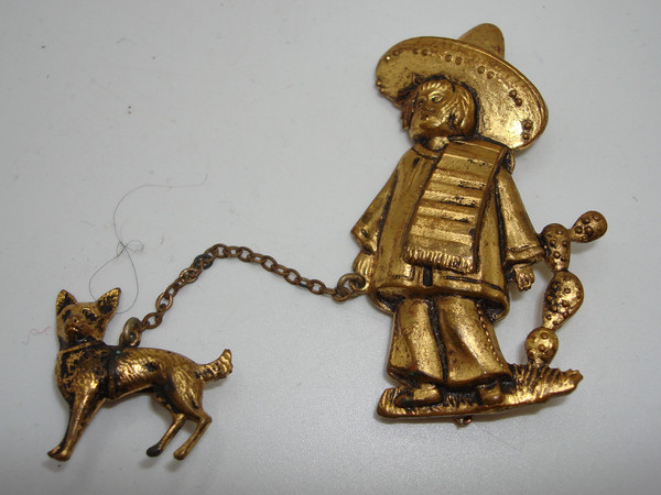Vintage Mexican Man & Chihuahua Gold-Washed Pin (1940s)