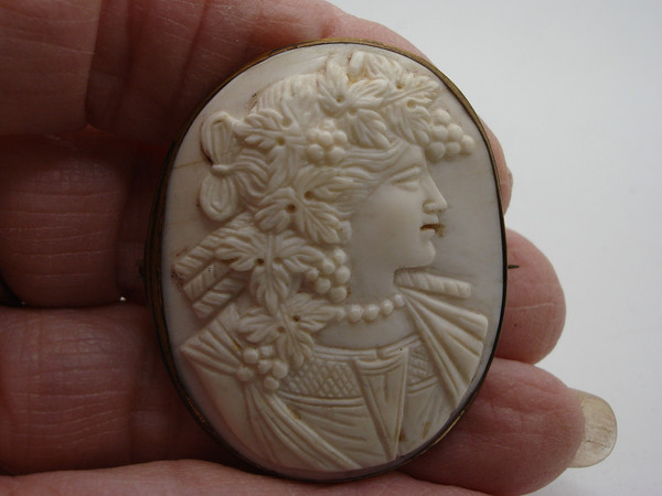 Antique 1890s Bacchante Cameo Brooch in Carved White Coral - Estate Find