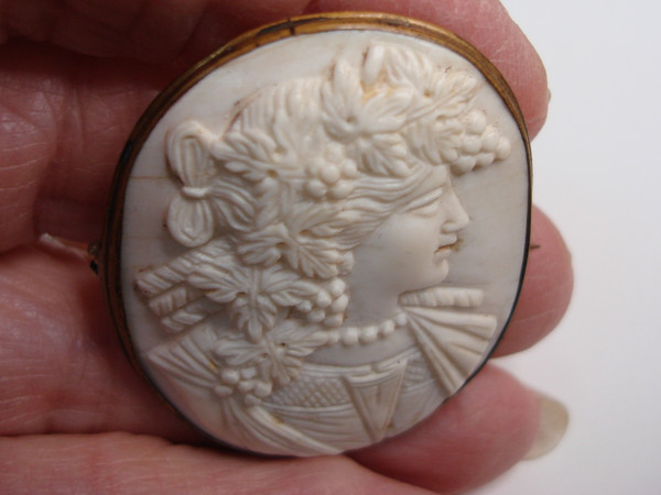 Antique 1890s Bacchante Cameo Brooch in Carved White Coral - Estate Find