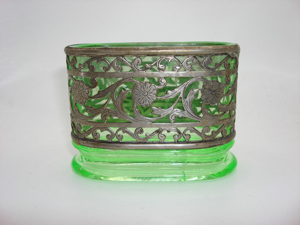 Vintage Bon Ton Vaseline Glass & Silver Cigarette & Match Holder (1930s-40s)