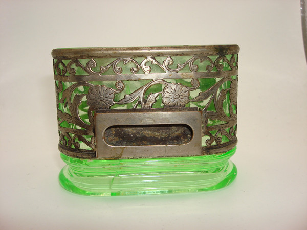 Vintage Bon Ton Vaseline Glass & Silver Cigarette & Match Holder (1930s-40s)
