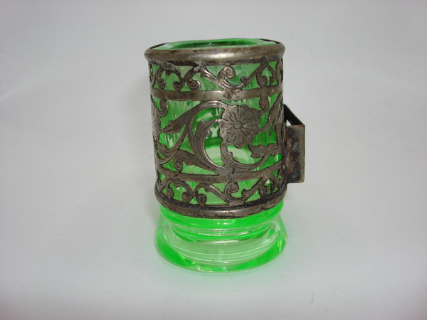 Vintage Bon Ton Vaseline Glass & Silver Cigarette & Match Holder (1930s-40s)