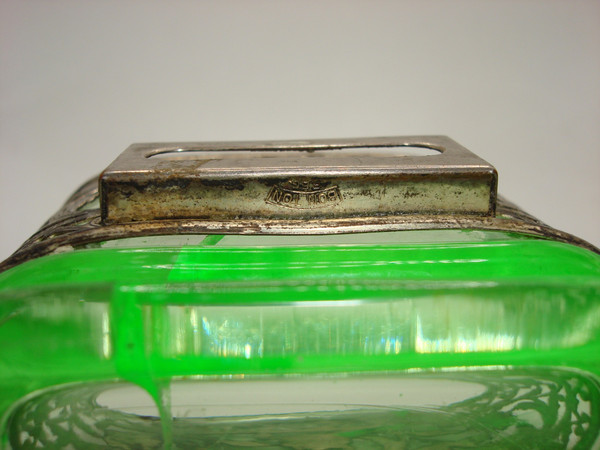 Vintage Bon Ton Vaseline Glass & Silver Cigarette & Match Holder (1930s-40s)