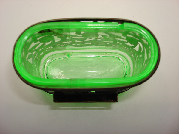 Vintage Bon Ton Vaseline Glass & Silver Cigarette & Match Holder (1930s-40s)