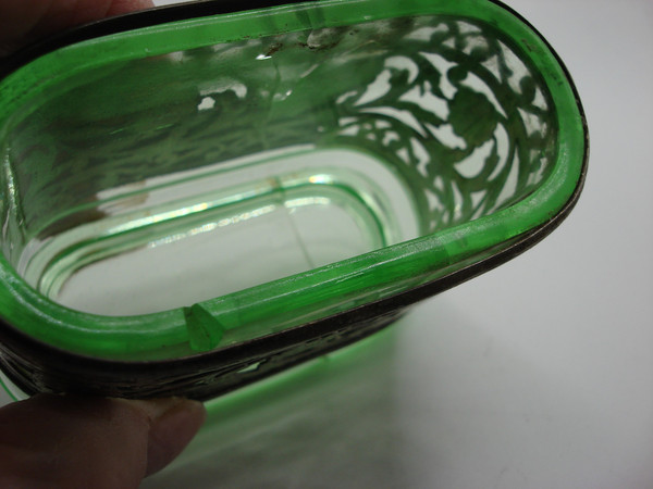 Vintage Bon Ton Vaseline Glass & Silver Cigarette & Match Holder (1930s-40s)