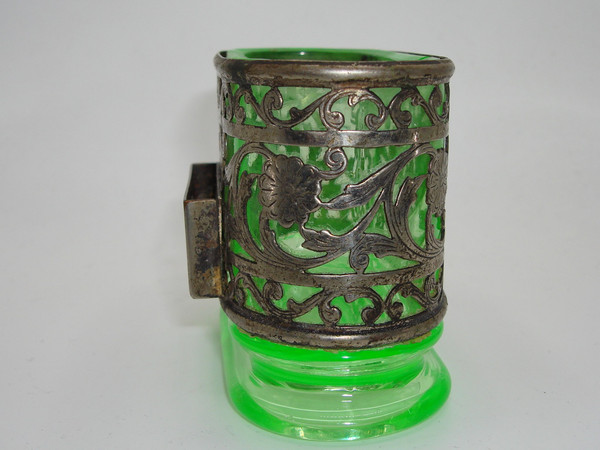 Vintage Bon Ton Vaseline Glass & Silver Cigarette & Match Holder (1930s-40s)