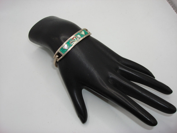 Vintage Mexican Silver Bracelet with Turquoise, MOP & Coral Inlay (6 inch)