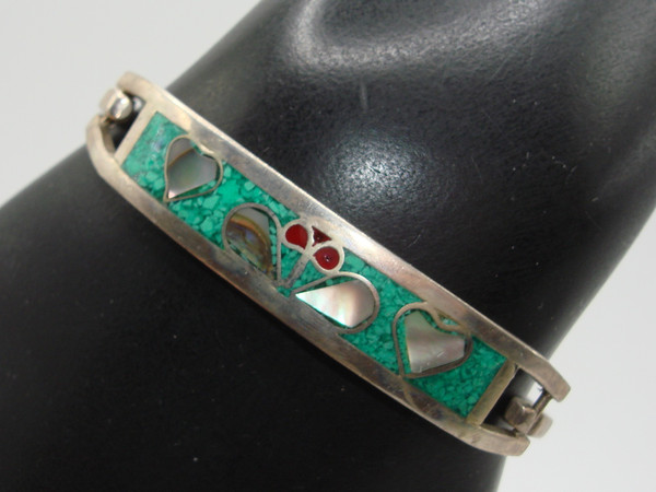 Vintage Mexican Silver Bracelet with Turquoise, MOP & Coral Inlay (6 inch)