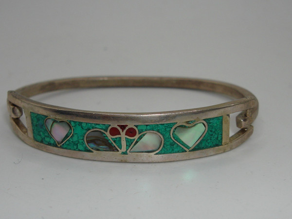 Vintage Mexican Silver Bracelet with Turquoise, MOP & Coral Inlay (6 inch)