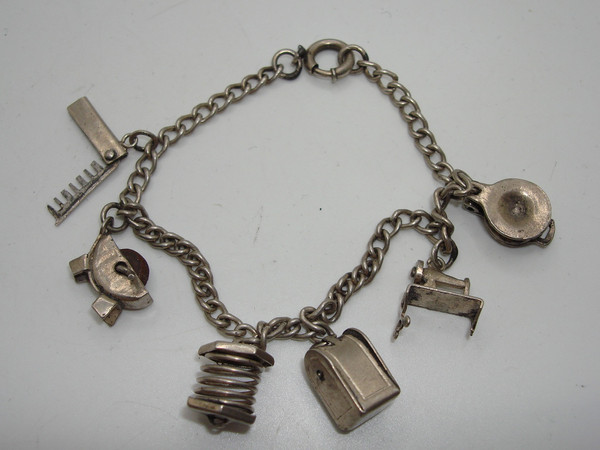 Vintage 1940s Mexico Sterling Silver Mechanical Charm Bracelet (6 Charms)