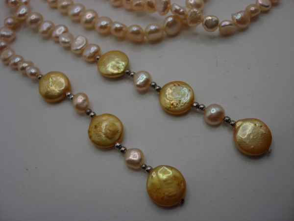 Creamy Ivory Freshwater Pearl Necklace with Gold Baroque Accents - 64