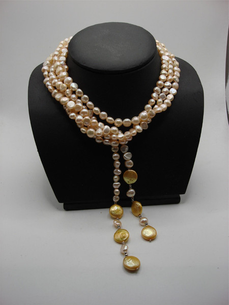 Creamy Ivory Freshwater Pearl Necklace with Gold Baroque Accents - 64