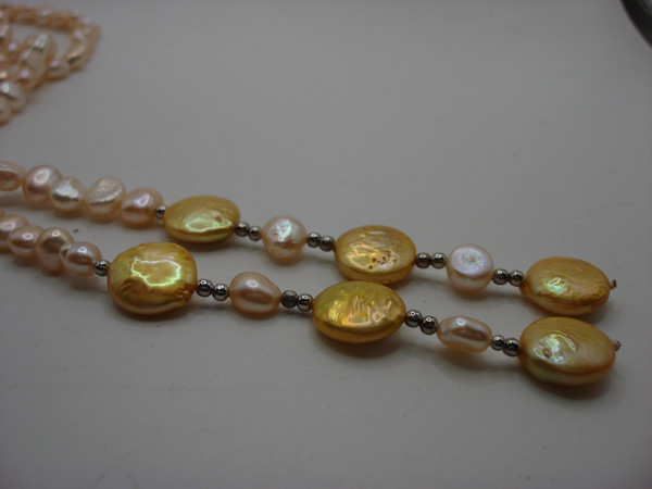 Creamy Ivory Freshwater Pearl Necklace with Gold Baroque Accents - 64