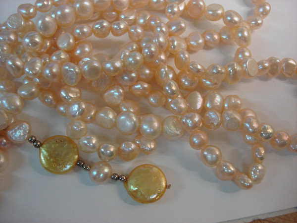 Creamy Ivory Freshwater Pearl Necklace with Gold Baroque Accents - 64