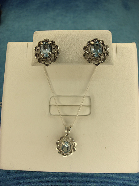 Sterling Silver Blue Topaz Jewelry Set - Earrings & Pendant Necklace
