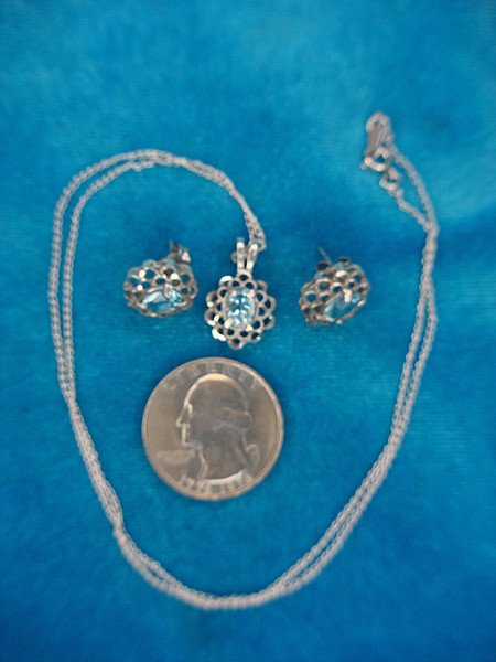 Sterling Silver Blue Topaz Jewelry Set - Earrings & Pendant Necklace