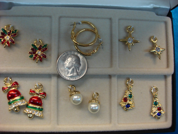 Vintage Gold-Tone Hoop Earrings Set with 5 Christmas Charms - USA Made