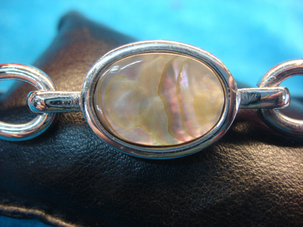 Vintage Avon Hinged Bangle Bracelet with Abalone Inlay - Silver & Gold Tone