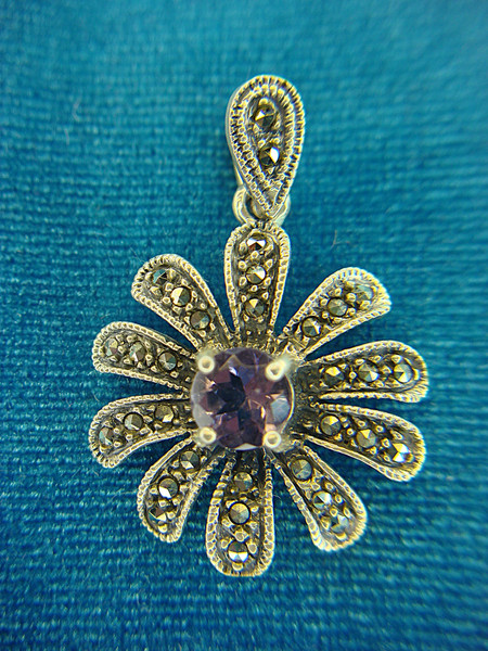 Sterling Silver Amethyst & Marcasite Flower Pendant - Pre-Owned, Excellent Condition