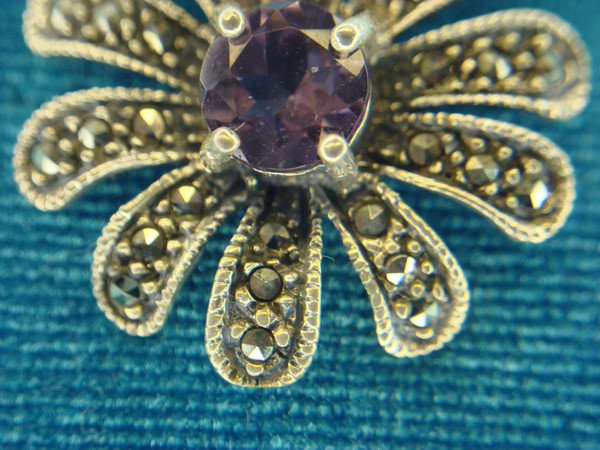 Sterling Silver Amethyst & Marcasite Flower Pendant - Pre-Owned, Excellent Condition