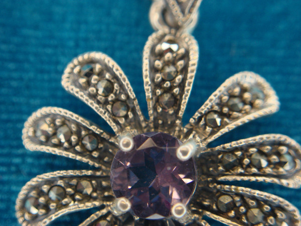 Sterling Silver Amethyst & Marcasite Flower Pendant - Pre-Owned, Excellent Condition