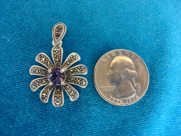 Sterling Silver Amethyst & Marcasite Flower Pendant - Pre-Owned, Excellent Condition