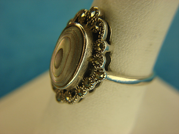 Sterling Silver Abalone Ring with Marcasite Accents - Size 9 (Pre-Owned)
