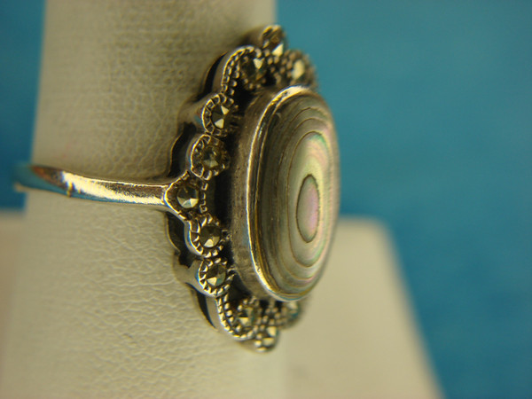 Sterling Silver Abalone Ring with Marcasite Accents - Size 9 (Pre-Owned)