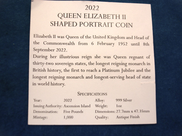 2022 Ascension Island 1oz .999 Silver Shaped Coin of Queen Elizabeth II - Low Mintage