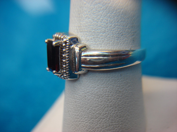 Emerald Cut Red Stone Sterling Silver Ring (Size 7.5)