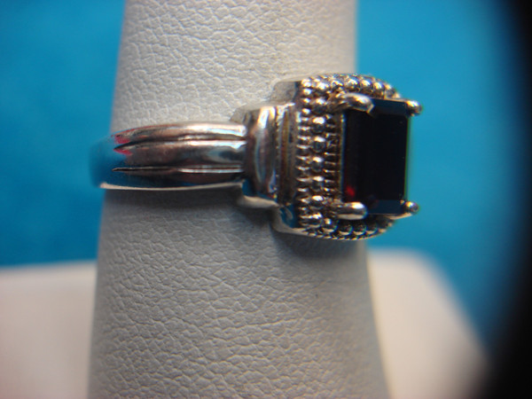 Emerald Cut Red Stone Sterling Silver Ring (Size 7.5)